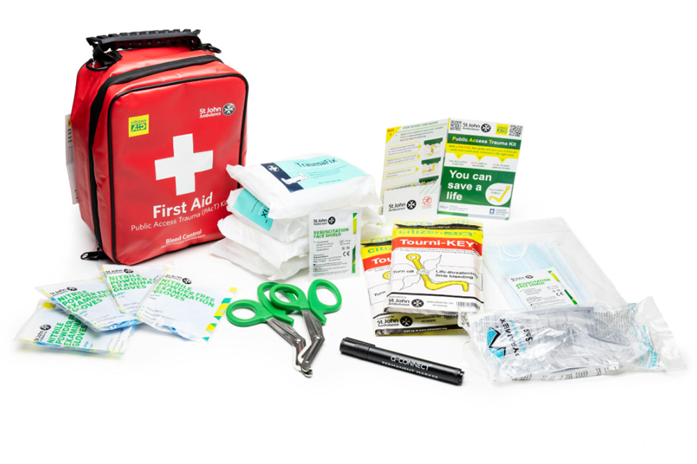 An arrangement of first aid supplies.