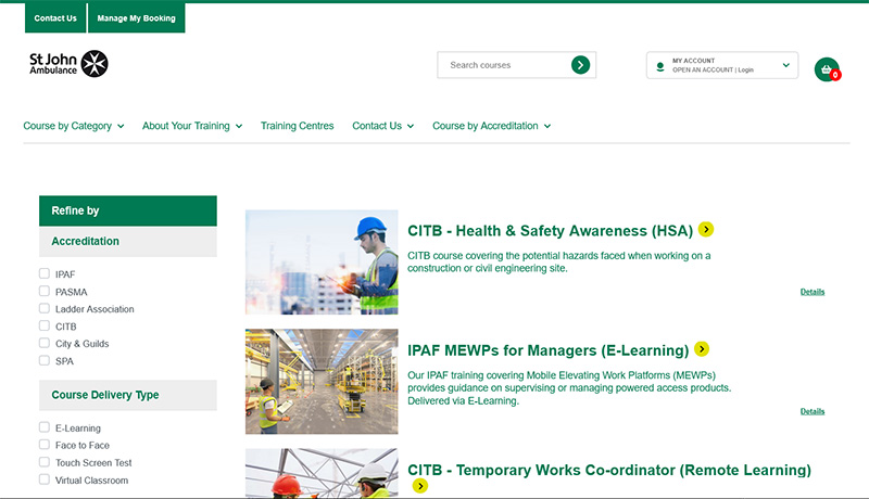 A preview of the St John Ambulance & HSS Training page.