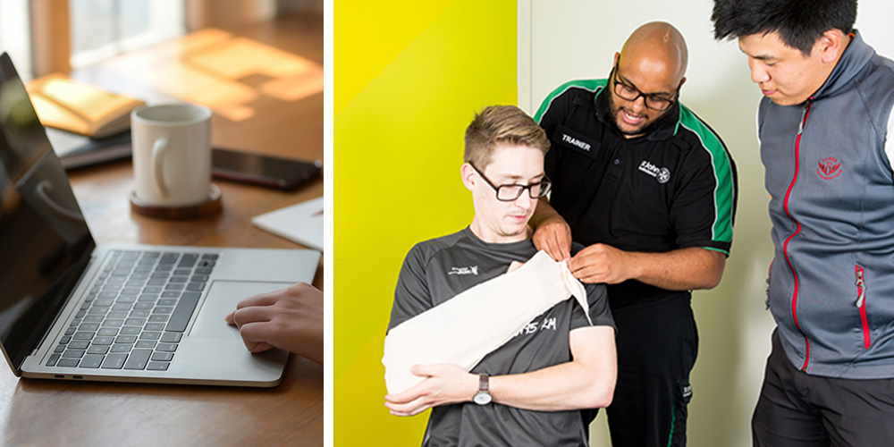 A split image of a person using a laptop, and an SJA trainer demonstrating how to apply a bandage.